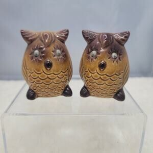Pair Vintage Japan Brown Googly Eye Salt Pepper Shaker Collectible Kitsch OWLS